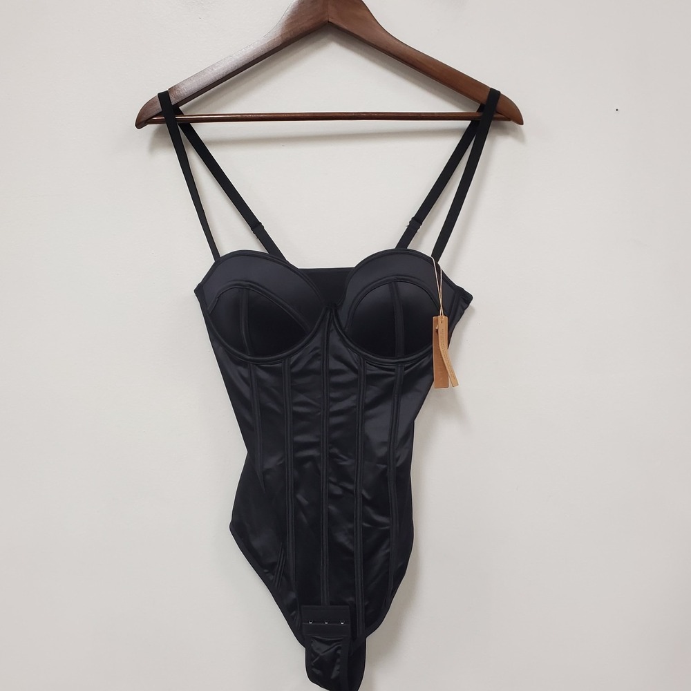 Shapellx Corset Bodysuit Size S Boning Structured Going Out Bodice Black Satin